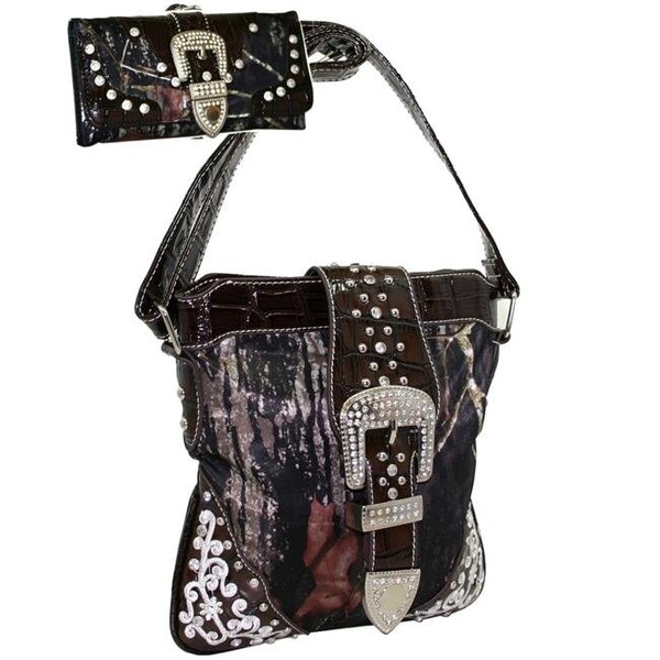 Gold Rush MG22WB109SET-CAM Women Bling Rhinestone Buckle Messenger Bag Wallet Set with Brown Croc Trim - Cam MG22WB109SET-CAM - main
